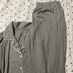 Gray pj pants and button long sleeve top